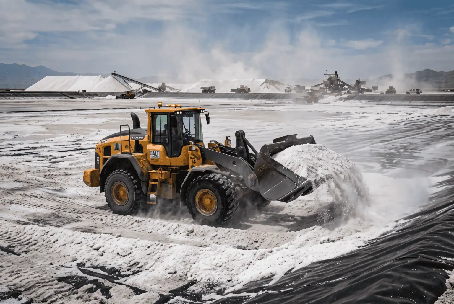 Firefly Gemini Flash Front loader harvesting crystallized salt from the floor of a drained evaporation pon 510463