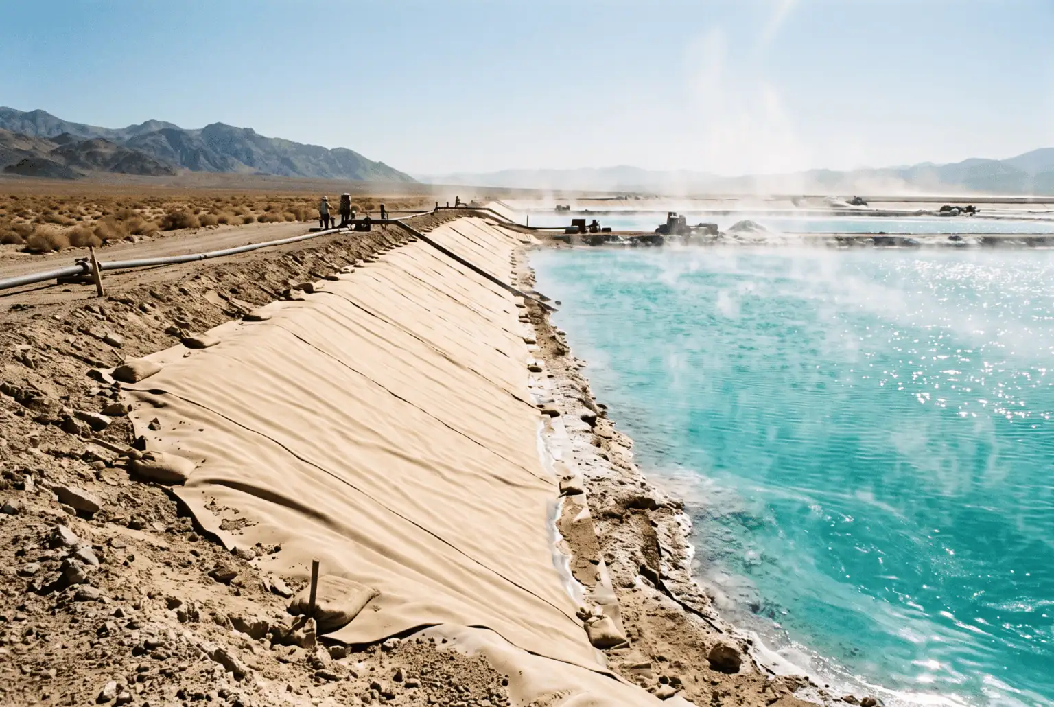 Firefly Gemini Flash Light tan geomembrane liner on a sun baked pond slope intense midday desert heat he 510463