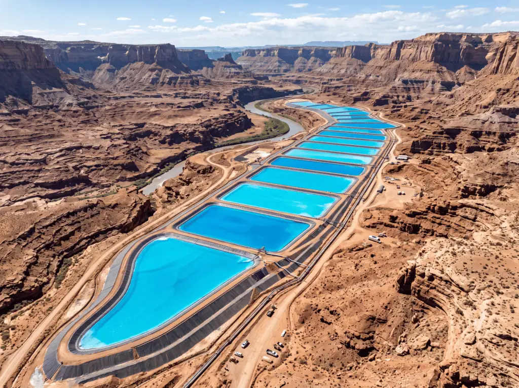 Firefly Gemini Flash Row of potash evaporation ponds dyed vivid blue in a canyon desert landscape lined s 510463